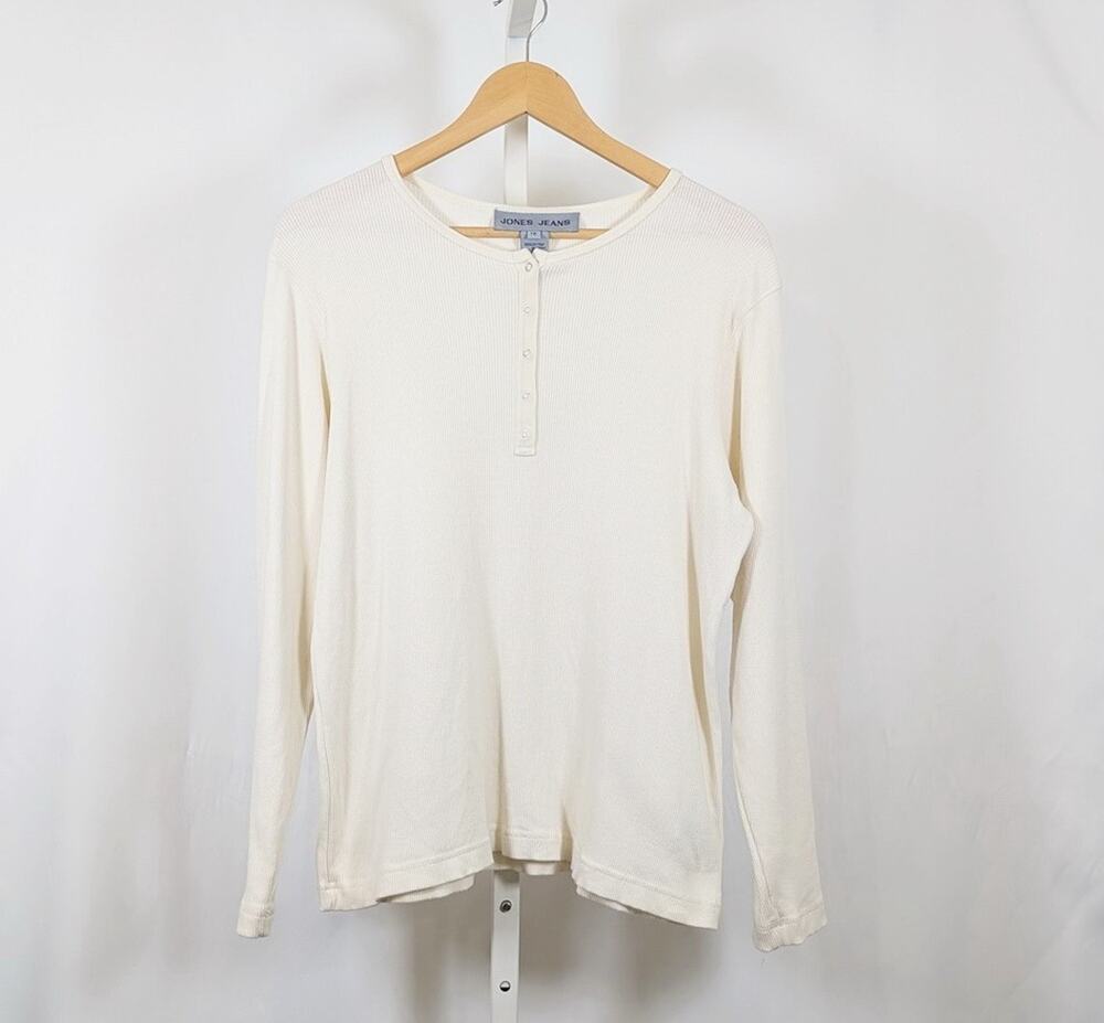 Vintage 90s Top Cream Ribbed Knit Henley Cotton Women's Size 1X Jones Jeans